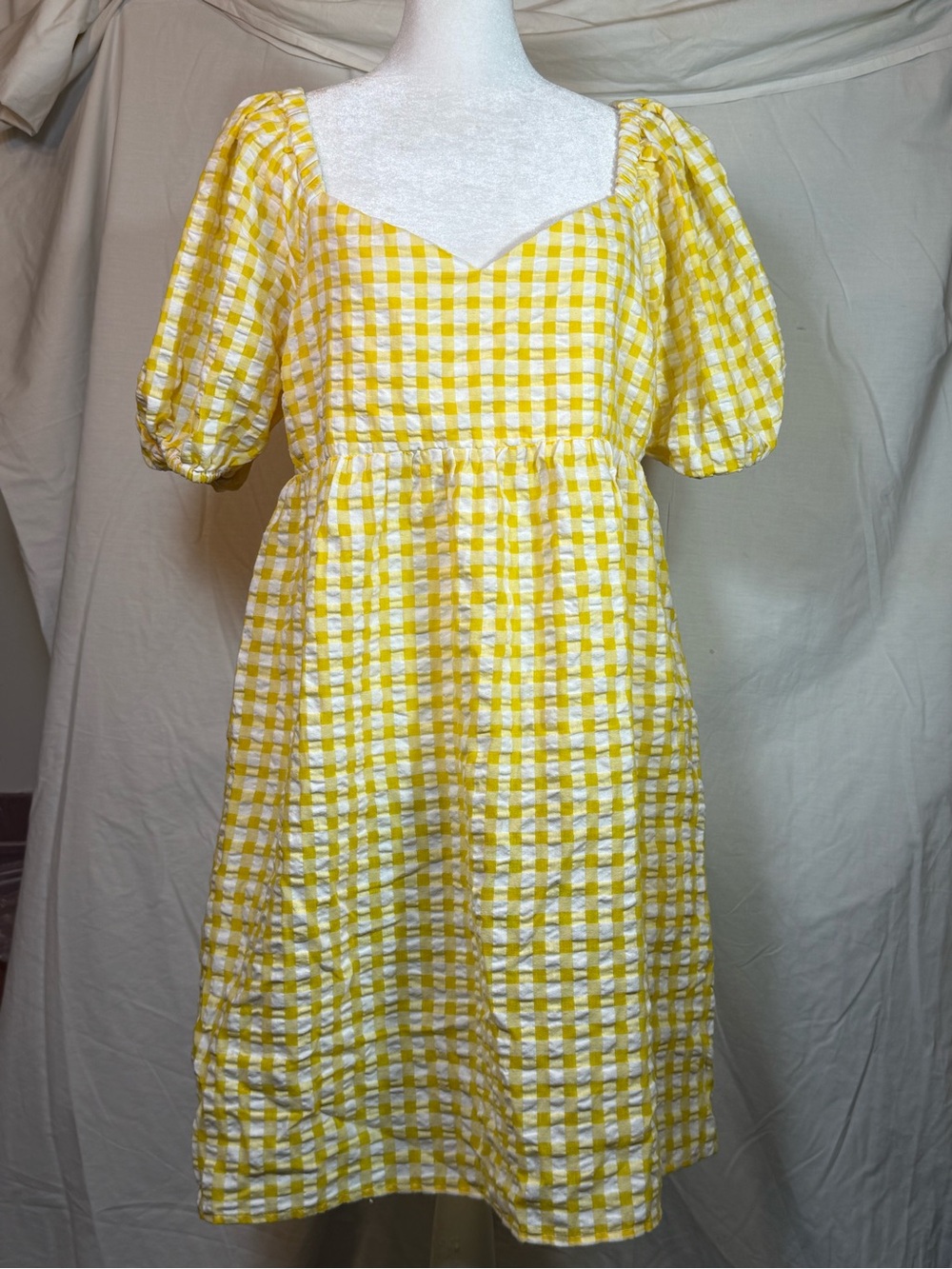 Old Navy Yellow Gingham Mini Dress with Puff Sleeves